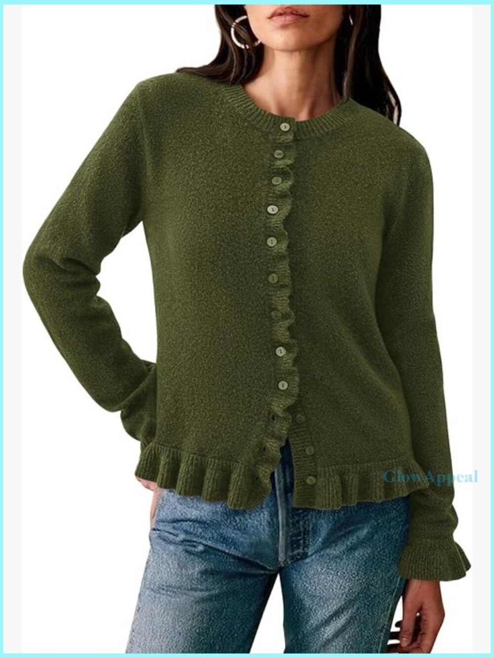 Chunky Knit Cropped Cardigan Button Down Open Front Ruffle Sleeves